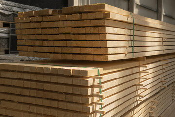 Wooden planks. Wood for air drying timber stack.  Hardware store or construction site