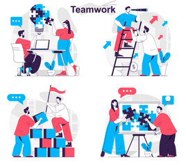 Teamwork concept set. Colleagues work, brainstorming, building, develop together. People isolated scenes in flat design. Vector illustration for blogging, website, mobile app, promotional materials.