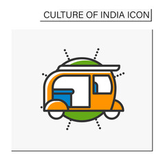 Auto rickshaw color icon. Popular motorbike asian taxi. Delhi city transport. Tuk-tuk. Indian heritage, culture, esthetics, traditions and customs. Isolated vector illustration
