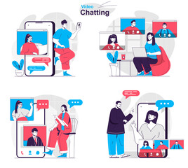 Video chatting concept set. Friends or families make video calls and chat online. People isolated scenes in flat design. Vector illustration for blogging, website, mobile app, promotional materials.
