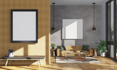 Contemporary living space with large windows and empty frames for mockup