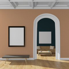 Contemporary living space with coffered ceiling, sofa, bench and empty frames for mockup