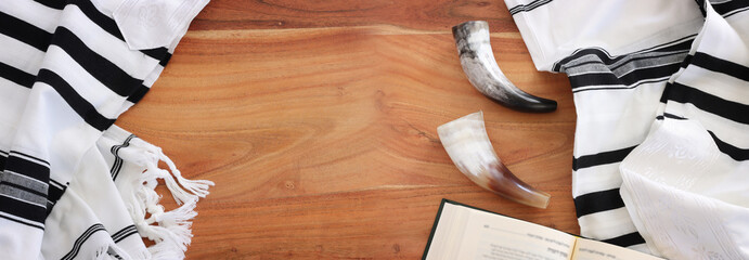 religion image of shofar (horn) on white prayer talit. Rosh hashanah (jewish New Year holiday),...