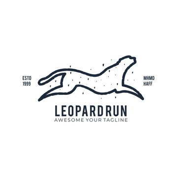 Vintage animal logo leopard run line art vector template