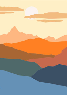 Vector background, desert landscape with the setting sun. © NastiyaKrasotka