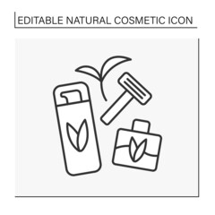 Beauty procedure line icon. Reusable razor, shaving gel, perfume. Natural cosmetic concept. Isolated vector illustration. Editable stroke