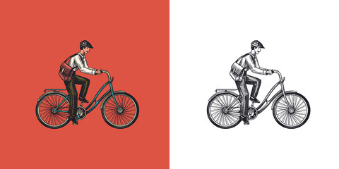 Fototapeta na wymiar A man on a bicycle. Eco friendly transport. The postman rides a bike. Vintage custom emblem, label badges for t shirt. Monochrome retro style. Hand drawn engraved sketch