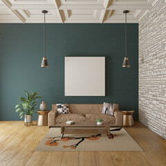 Contemporary green living room with stone wall, leather couch and empty frame for mockup