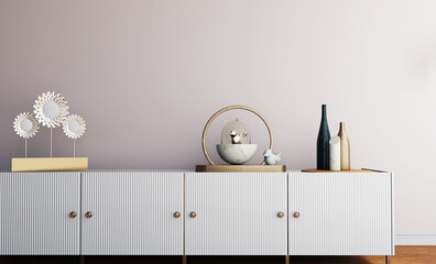 Light pink room with white cabinet and empty wall 