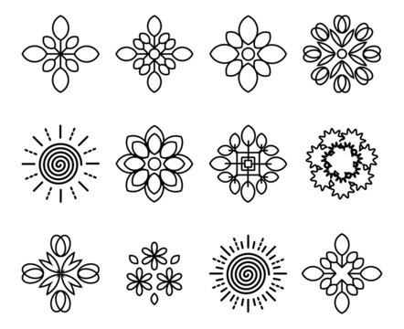 Set of vector one-color icons and logos isolated on white background. Ecology, flowers, signs, sun, nature