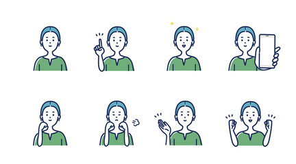 若い女性の表情とジェスチャーのイラスト素材セット