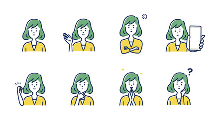 若い女性の表情とジェスチャーのイラスト素材セット