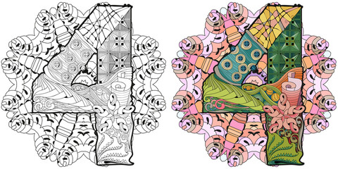 Mandala with numero four. Vector decorative zentangle