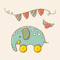 Hand drawn toy blue elephant in white spots on yellow wheels with a festive garland and a flying heart