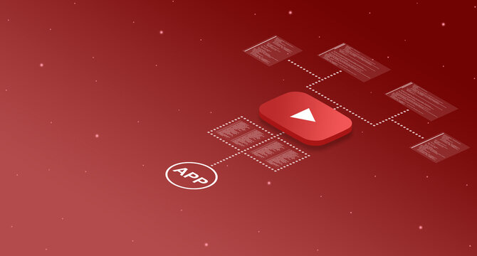 Youtube application icon on the system with program code elements 3d