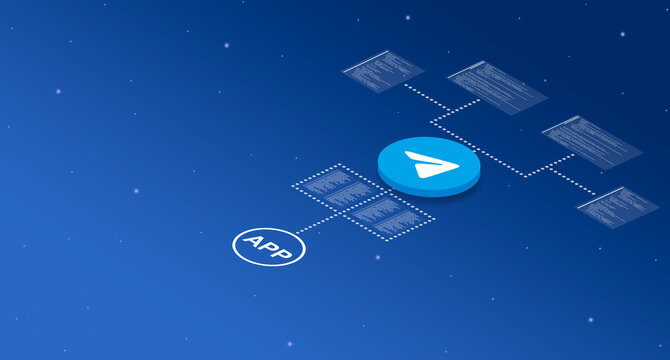 Telegram application icon on the system with program code elements 3d