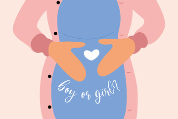 Pregnant woman's belly. Waiting for a baby boy or girl. Postcard for gender party.