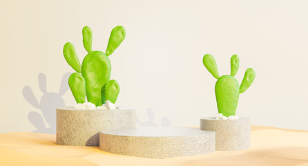 podium concrete with cactus,sand for your product display
