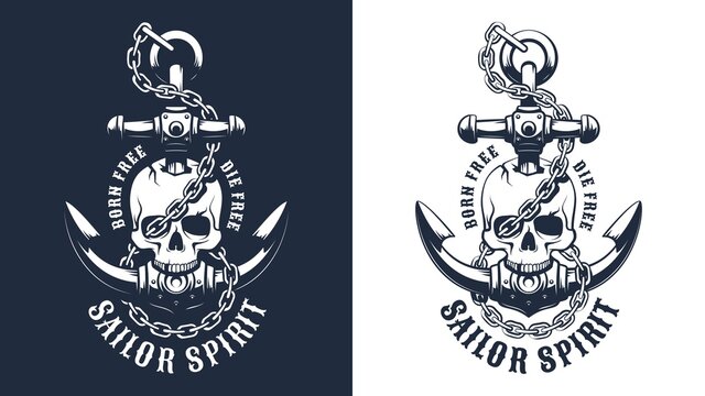 Seafarer tattoo with anchor and skull. Pirate skeletonl with anchor and chain. Vector illustartion.