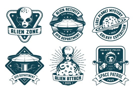 Space retro badge with alien and UFO. Alien astronaut vintage logo set. Vector illustration.