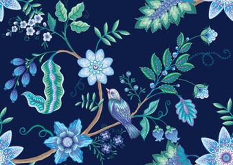 Seamless pattern with stylized ornamental flowers in retro, vintage style. Jacobin embroidery. Colored vector illustration on navy blue background.
