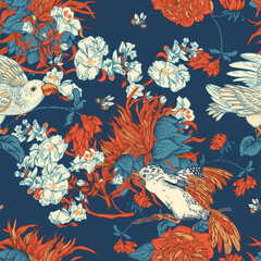 Vintage vector Bird with flowers seamless pattern. Natural floral illustration, floral blooming texture