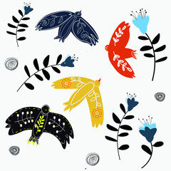 Colorful birds with a beautiful vintage pattern fly among the flowers. A retro-style illustration with birds.Set of birds with a pattern