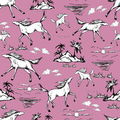 Galloping horses on pink background. Drawn seamless pattern. Silhouettes and linear figures of running horses of black and white color. Vector texture, print