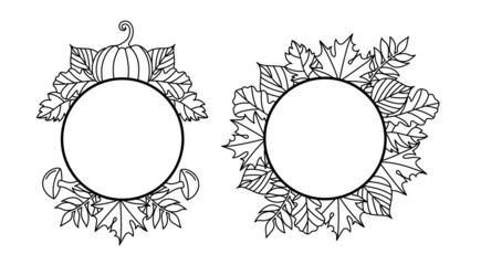 Frame with autumn leaves in a line art style.