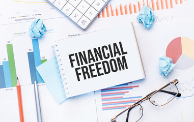 Notepad with text Financial Freedom on the business charts and pen,business
