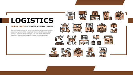 Logistics Business Landing Web Page Header Banner Template Vector. Ship And Airplane Shipment, Eco Delivery Truck And Storehouse Global Logistics Service Illustration