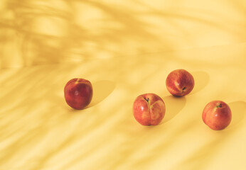 Peaches and summer shadows on trendy yellow background.