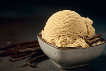 Portion of vanilla ice cream in bowl