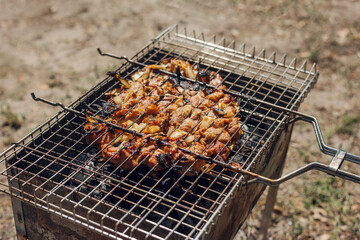 many turkey roast meat pieces with onion on a grill