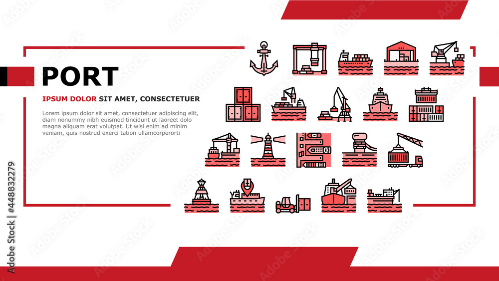 Aufkleber container port tool landing web page header banner template vector. port crane loader for loading bo