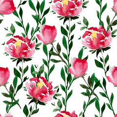 White seamless pattern with with watercolor pink rose flowers, buds, leaves. Design for wallpaper, wrapping, fabric, textile.