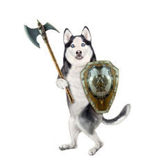 A dog husky armed with a shield and a battle axe attacks. White background. Isolated. - 448832678