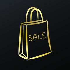 Contour golden sale bag on black background, vector