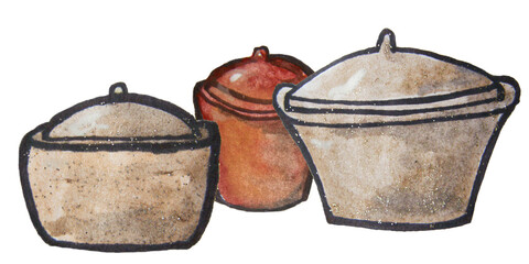 Watercolor drawing of kitchen utensils. Pots, saucepans, baking containers. A baking pot. Dishes for the kitchen. Hand-drawn watercolour drawing.