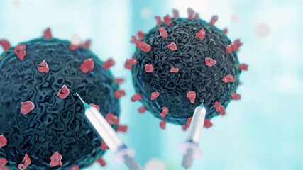 Close-up of Vaccine Injection to dissolving virus under microscope., SARS-CoV-2 COVID-19 pandemic cure or vaccination concept. Realistic high quality medical 3D Rendering.