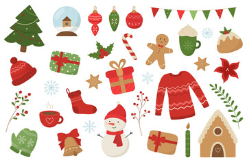 Christmas set. Cute seasonal elements in a flat style. Vector illustration