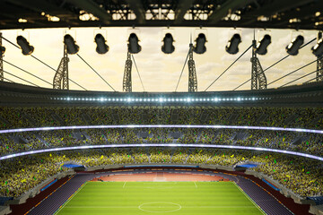 soccer stadium evening arena with crowd fans 3D illustration. High quality 3d illustration