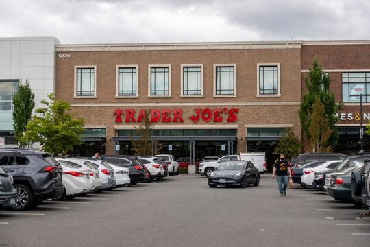 Kirkland, WA USA - circa July 2021: Exterior view of a Trader Joe's grocery store on an overcast day