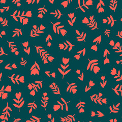 Orange silhouette flowers and leaves seamless repeat pattern. Random placed, vector botanical all over print on green background. Perfect as background, wallpaper, textile, fashion print and more.