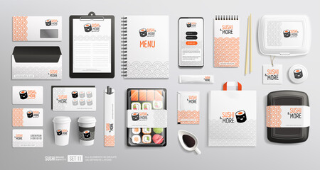 Sushi Brand identity items and package design with logo Japanese food restaurant. White Corporate style design for Sushi and package mockup set of lunch box, chopsticks, paper bag, menu - obrazy, fototapety, plakaty