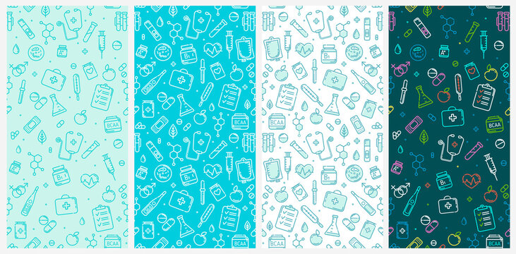 Medical with Pharmacy elements icons Seamless pattern set. Medicine items icons ion blue background. Line icons set of First aid kit, thermometer, vitamins, phonendoscope