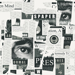 Abstract seamless pattern with a collage of magazine and newspaper clippings. Black and white vector background with unreadable text, headlines and illustrations. Wallpaper, wrapping paper or fabric - obrazy, fototapety, plakaty