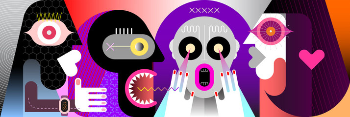 Four adult people have a heated discussion. Modern art vector illustration.	