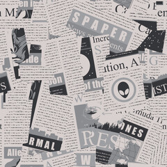Abstract seamless pattern with a collage of newspaper clippings on aliens topic. Monochrome vector background with unreadable text, headlines and illustrations. Wallpaper, wrapping paper or fabric