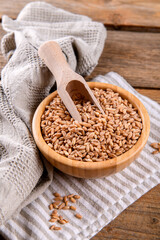 Wholegrain uncooked raw spelt farro in bowl on the wooden background